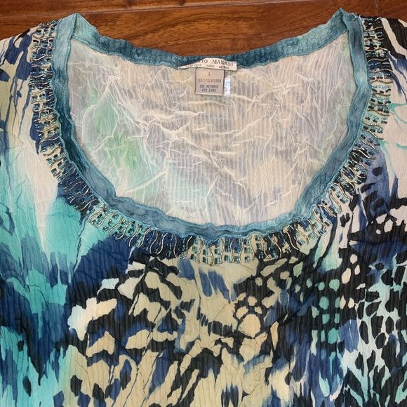 ALBERTO MAKALI Blue Art-to-Wear Mixed Media s/s Top Size L Sequin Crinkle - Picture 3 of 13